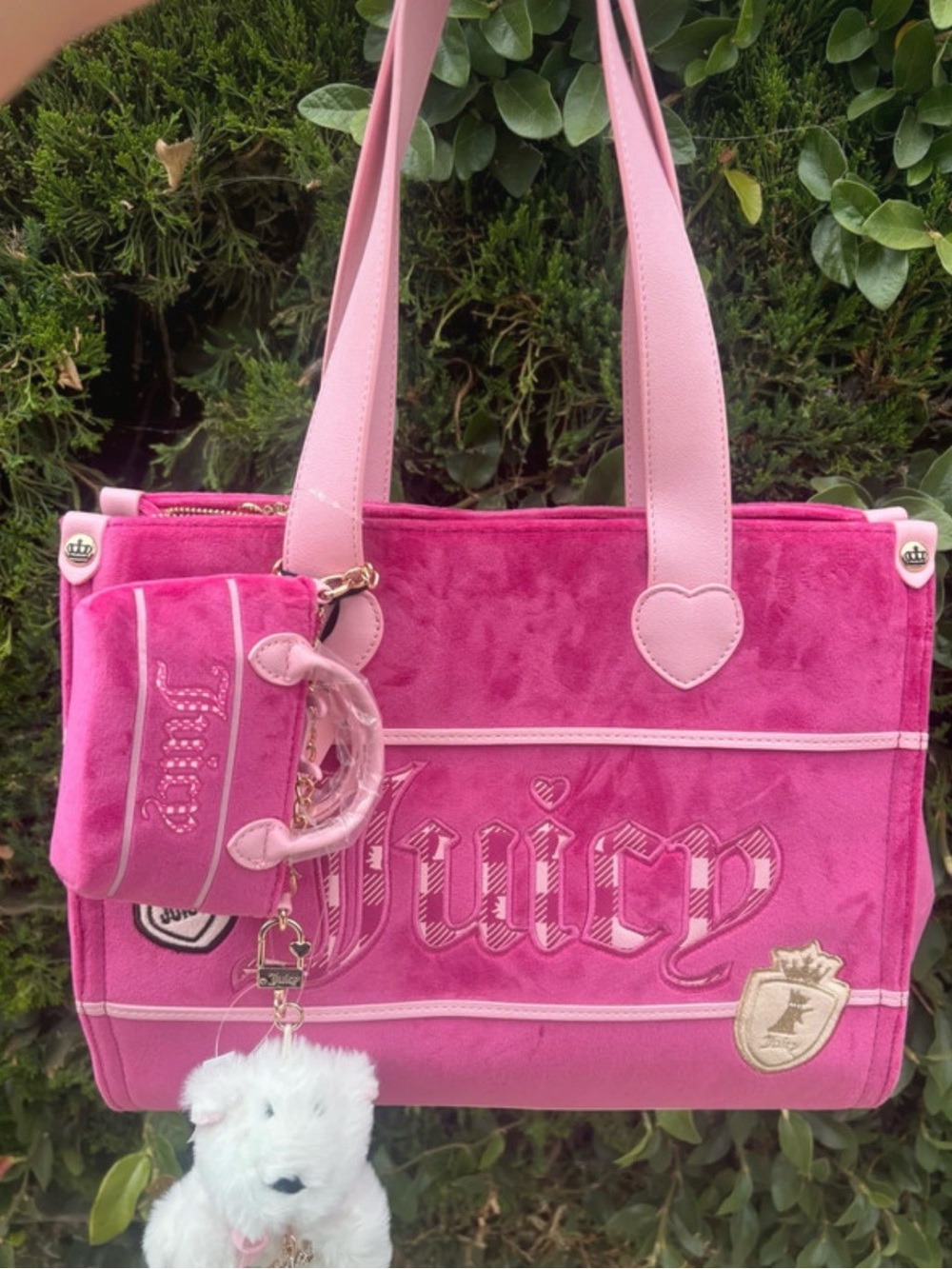 Juicy Couture Hot Pink Velour Shoulder Tote with Charm and Pouch